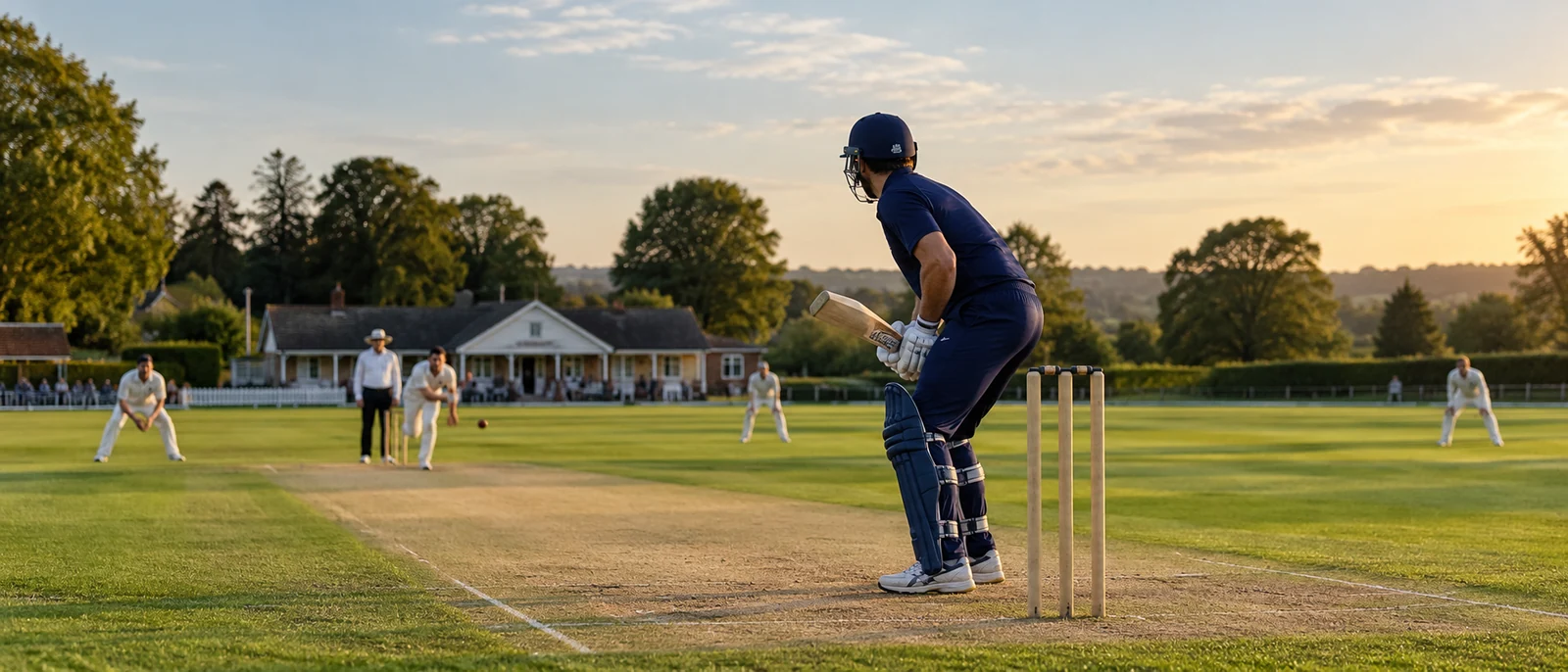Batsman in blue at the crease on a club cricket ground.