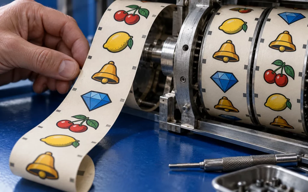 Hand holding a printed symbol strip beside mechanical slot reels.