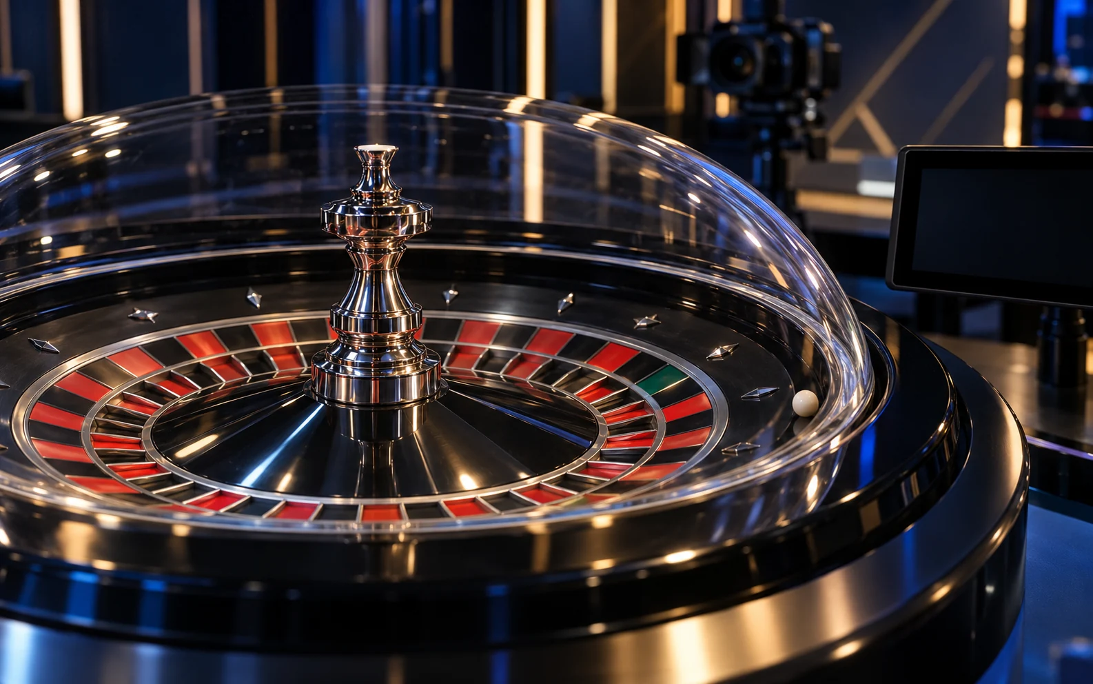 Automated roulette wheel under a glass dome with a camera and dark screen.