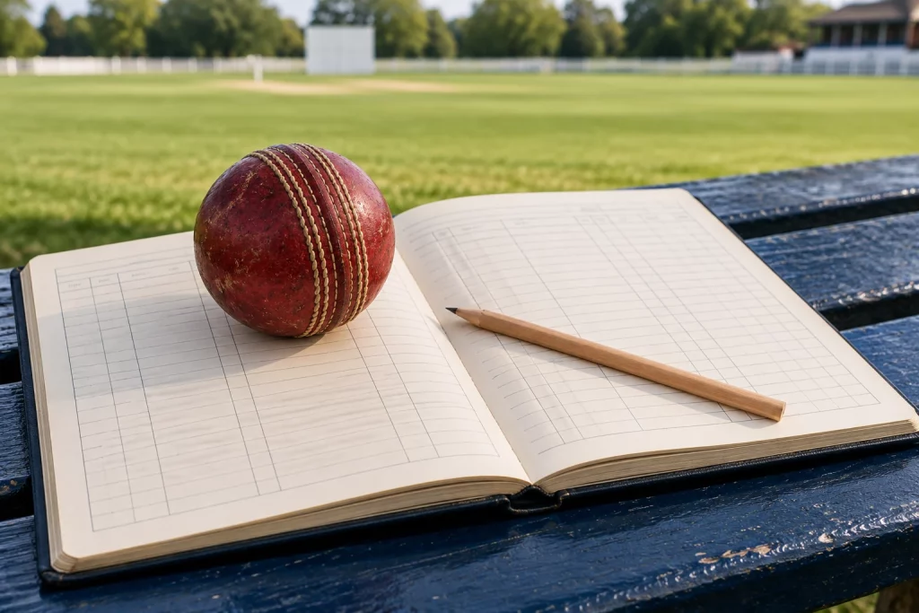 Red cricket ball and pencil on an open ruled scorebook on a pavilion bench.