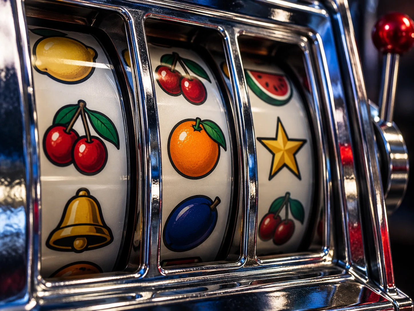 Close-up of fruit and geometric symbols on three mechanical slot reels.