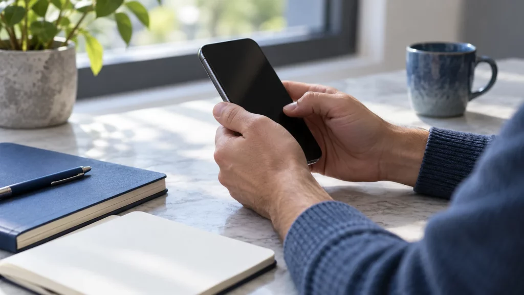 Hands holding a phone with a blank dark screen beside a blue notebook.